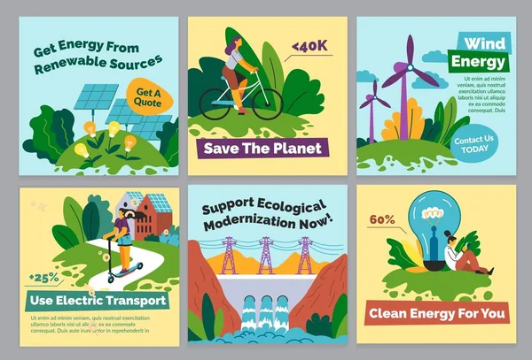 Ekologiczna Reklama Energii Portalach Społecznościowych Płaska Kobieta Postać Używać Ekologicznej — Wektor stockowy