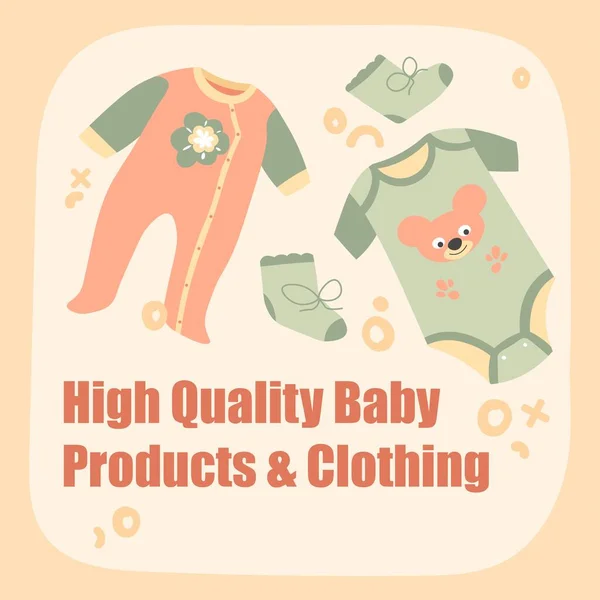 赤ちゃんや新生児のための製品や服 高品質の服 靴下や文字でスーツ 子供や子供のための暖かいアパレル ショップや店のプロモーションバナー 平型ベクトル — ストックベクタ
