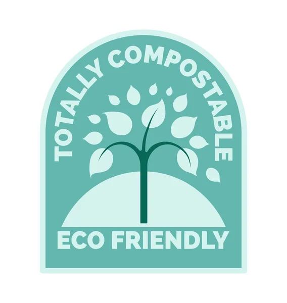 环保和完全可回收的商品 为生产者准备的叶子在标识上的树 环境与自然的保护和帮助 包装的产品标签或标志 矢量呈扁平型 — 图库矢量图片