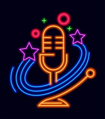 Gece karaoke kulübünün parlak logosu. İzole edilmiş neon ışıklı mikrofon ve yıldızlar, daireler ve noktalar dekorasyonu. Eğlence ve eğlence hayatı. Etiket ya da etiket, logot ya da imza. Düz biçimli vektör
