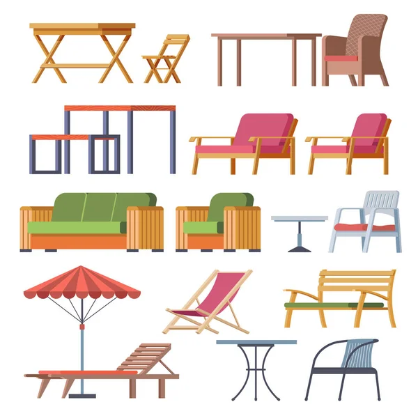 花园和海滩家具 沙发和扶手椅 有柔软的枕头坐 遮阳伞和小桌子在外面吃饭 带着各种产品购物或储存 矢量呈扁平型 — 图库矢量图片