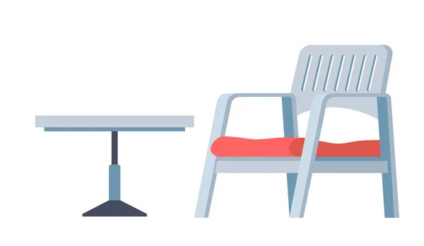ハンドルとバッキング付きの小さなコーヒーテーブルとプラスチックや木製の椅子 シート上のクッション バルコニーまたはポーチ 家のためのパティオやラウンジの家具 屋外のデザイン 平型ベクトル — ストックベクタ