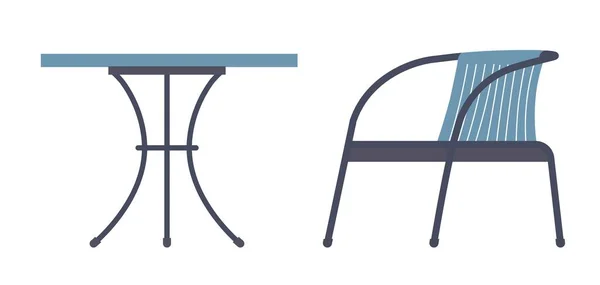 バルコニーやパティオ ポーチやテラスのためのコーヒーテーブルとミニマリストの椅子 製品の隔離された家庭用家具 ショップや店の品揃え 屋外のデザイン 平型ベクトル — ストックベクタ