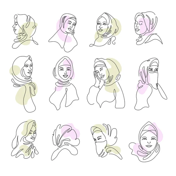 Personagens Femininas Vestindo Roupas Hijab Cobrindo Cabeça Rosto Mulheres Elegantes —  Vetores de Stock