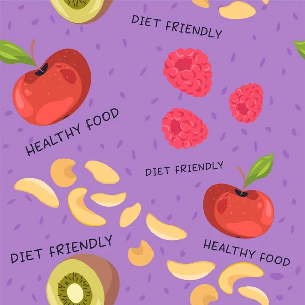 Diet Friendly Ingredients Healthy Food Lifestyle Raspberries Apples Cashew Kiwi — Stock Vector