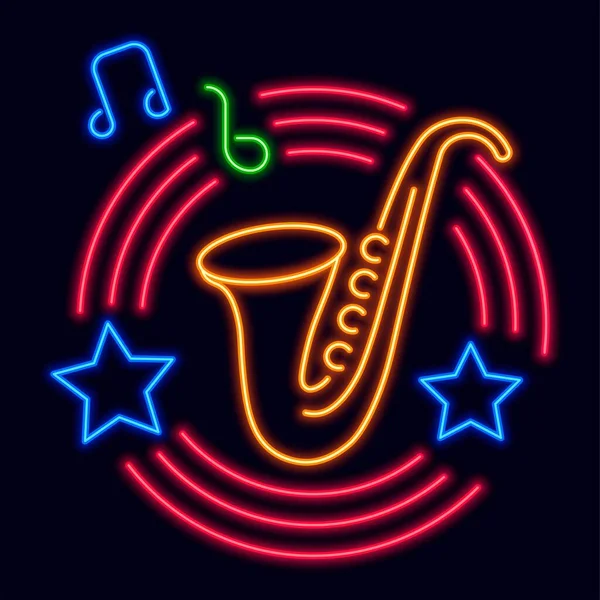 爵士音乐俱乐部孤立了霓虹灯发光的标志 夜晚的娱乐和乐趣 城市的生活 萨克斯风伴着星星和旋律调音 标签或标签 标识或标志 矢量呈扁平型 — 图库矢量图片