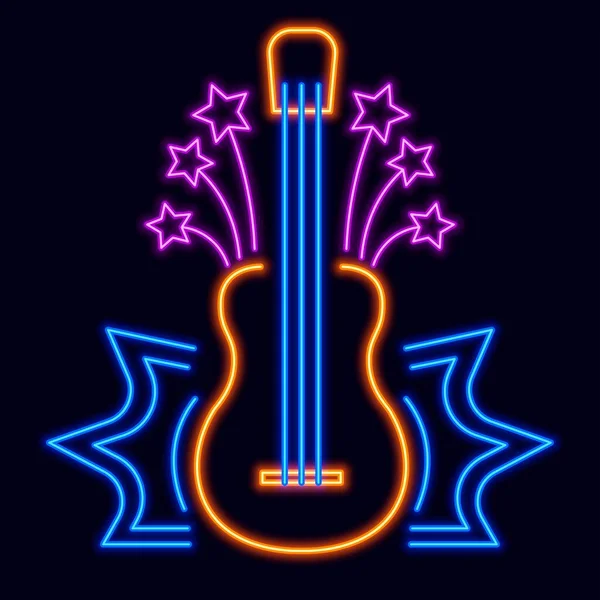 ナイトクラブやフェスティバルのためのギターロゴ ストリング楽器と隔離されたネオンボード ロックNロール 星と輝きのラインと装飾 ラベルやステッカー ロゴタイプやサイン 平型ベクトル — ストックベクタ
