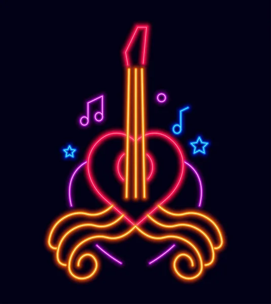 Guitar Strunowy Instrument Muzyczny Odizolowane Neon Świecące Logo Dla Baru — Wektor stockowy