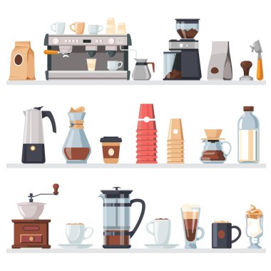 Kahve içecekleri yapmak için ekipman ve ürünler. İzole edilmiş makine ve çakmak taşı, öğütücü ve kap, plastik bardak ve süt, pres ve farklı türde içecek, moka ve kapuçino. Düz biçimli vektör