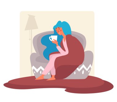 Kadınlar evde çay içerek ya da fincana kahve dökerek vakit geçiriyorlar. Uzun saçlı kadınlar kanepede battaniyenin altında oturuyor. Hafta sonları ya da tatiller, evde yalnız bir kız, düz stil vektör.