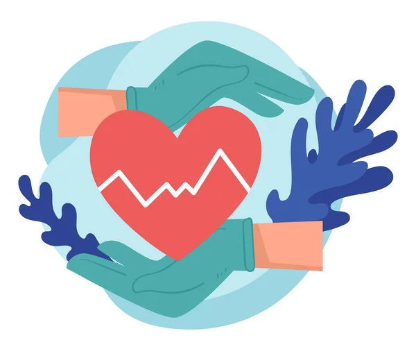 Mãos Cardiologistas Cirurgiões Coração Mostrando Pulso Banner Isolado Para Centro — Vetor de Stock