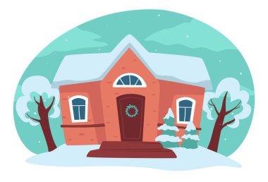 Karla kaplı ev ve ağaçların kırsal manzarası. Kış mevsimi havası, dış ve dış bina. Köyün ya da kırsalın klasik mimarisi. Düz ortamda sakin kış manzarası vektörü