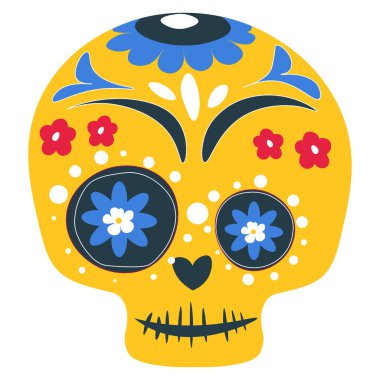 Ölü kutlaması için kafatası çizgiler ve çiçeklerle süslenmiş. Meksika tatili, dia de los muertos. Calavera izole edilmiş ikon, geleneksel karnaval makyaj resmi. Düz biçimli vektör