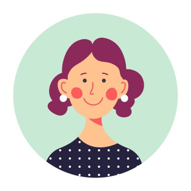 Orta yaşlı kadın karakter portresi, izole edilmiş yuvarlak kadın avatarı. Yüzünde gülümseme, gençlik ya da sosyal medya için hipster fotoğrafı olan neşeli genç bir bayan. Düz biçimli şirin kız vektörü