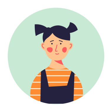 At kuyruklu küçük bir çocuğun portresi, kızla izole edilmiş bir çember. Üniforma giyen liseli kız, gençler ve öğrenciler. Bebeklik ve çocukluk fotoğrafı. Düzlükte kız ya da arkadaş resim vektörü