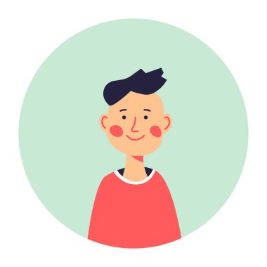 Öğrenci ya da bebek portresi, yüzünde gülümseme olan izole edilmiş küçük çocuk ikonu. Fotoğraf için poz veren erkek karakter. Genç nesil, öğrenci ya da okul öğrencisi. Düz olarak kişisel vektör