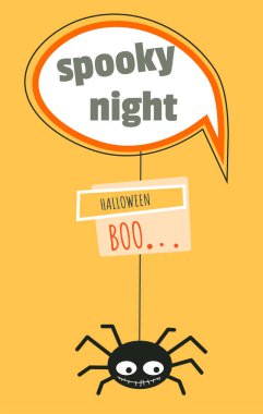 Cadılar Bayramı partisi ve sonbahar tatili kutlaması, 31 Ekim. Ağda asılı şirin örümcek ya da böcek. Sonbahar sezonundaki şenlik için davetiye. Tüm kutsal arifeler, düz stil vektörü