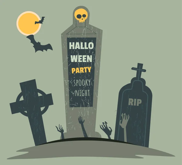 묘지와 묘비가 파티에서 할로윈을 기념하는 행사가 보름달과 날으는 박쥐가 묘지에 — 스톡 벡터