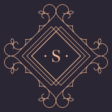 Düz çizgileri ve girdapları olan altın logoti, süslemeleri olan izole eşkenar dörtgen çerçeve. Şatafatlı modern amblem, üretim ambalajı için şarkılar, minimal stil geometrik şekil. Düz biçimli vektör