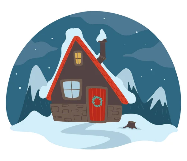 Snowing weather in rural area, house covered with snow. Blizzard in village or countryside. Home with chimney, building in town or city. Real estate property or chalet, dwelling vector in flat