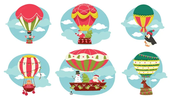 Personagens Natal Voando Balões Quente Vintage Rena Biscoito Gengibre Boneco — Vetor de Stock