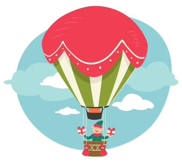 Personagem Natal Voando Balão Quente Segurando Presentes Para Natal Aeronave — Vetor de Stock
