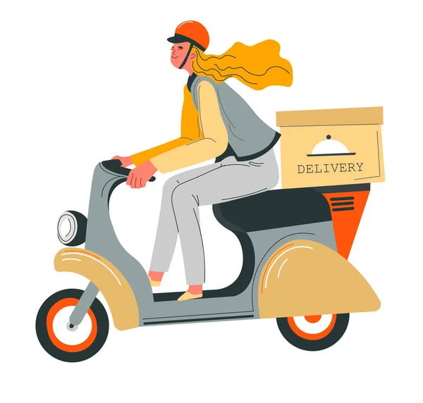 Doručení Objednaného Jídla Ženský Charakter Koni Moped Krabicí Plnění Klientských — Stockový vektor