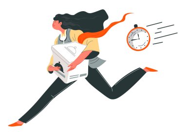 Zamanında yemek teslimatı, kadın karakter içinde müşteriler için yemek olan bir kutuyla koşuyor. Saat işliyor ve müşteriler için tabakları dağıtıyor. Paket servis ürünleri, düz stil restoran vektörü