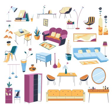 Ev dekorasyonu ve dekorasyonu için mobilyalar. Kanepe, kanepe, sehpa ve gardırop. Oturma odası ya da yatak odası, işyeri ofisi ya da değişim, düz stil vektörü