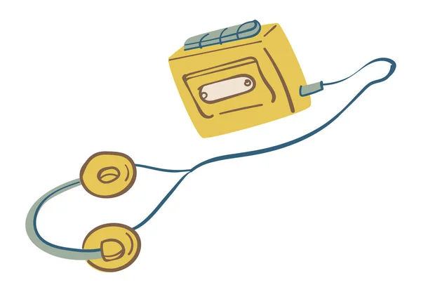 老式的带纽扣和耳机盒式磁带的随身听 盒式磁带 带耳机的便携式录音机 听音乐旋律 平面传送带 — 图库矢量图片