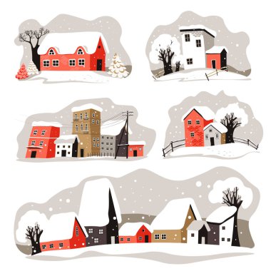 Şehrin ya da kasabanın sokaklarındaki evlerin çatıları karlı. Karla kaplı bir bina, kış mevsimi şehir manzarası. Kar yağışı, kar fırtınası ve soğuk hava manzarası. Düz biçimli Skyline vektörü