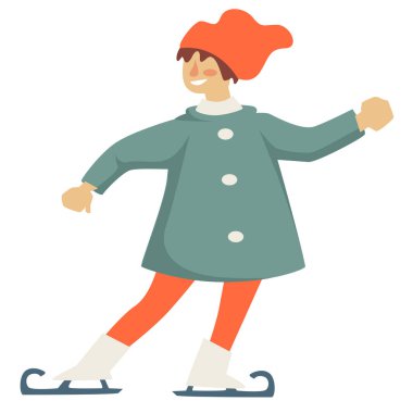 Buz pateni pistinde çocuk artistik patinajı, kış sporları ve kış tatilleri. Tecrit edilmiş, pratik yapan, yüzünde gülümseme olan bir çocuk. Kış hafta sonları ya da tatiller. Düz biçimli vektör