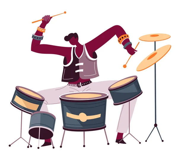 Drummer Drummen Geïsoleerd Mannelijk Karakter Met Apparatuur Stokken Spelen Liedjes — Stockvector