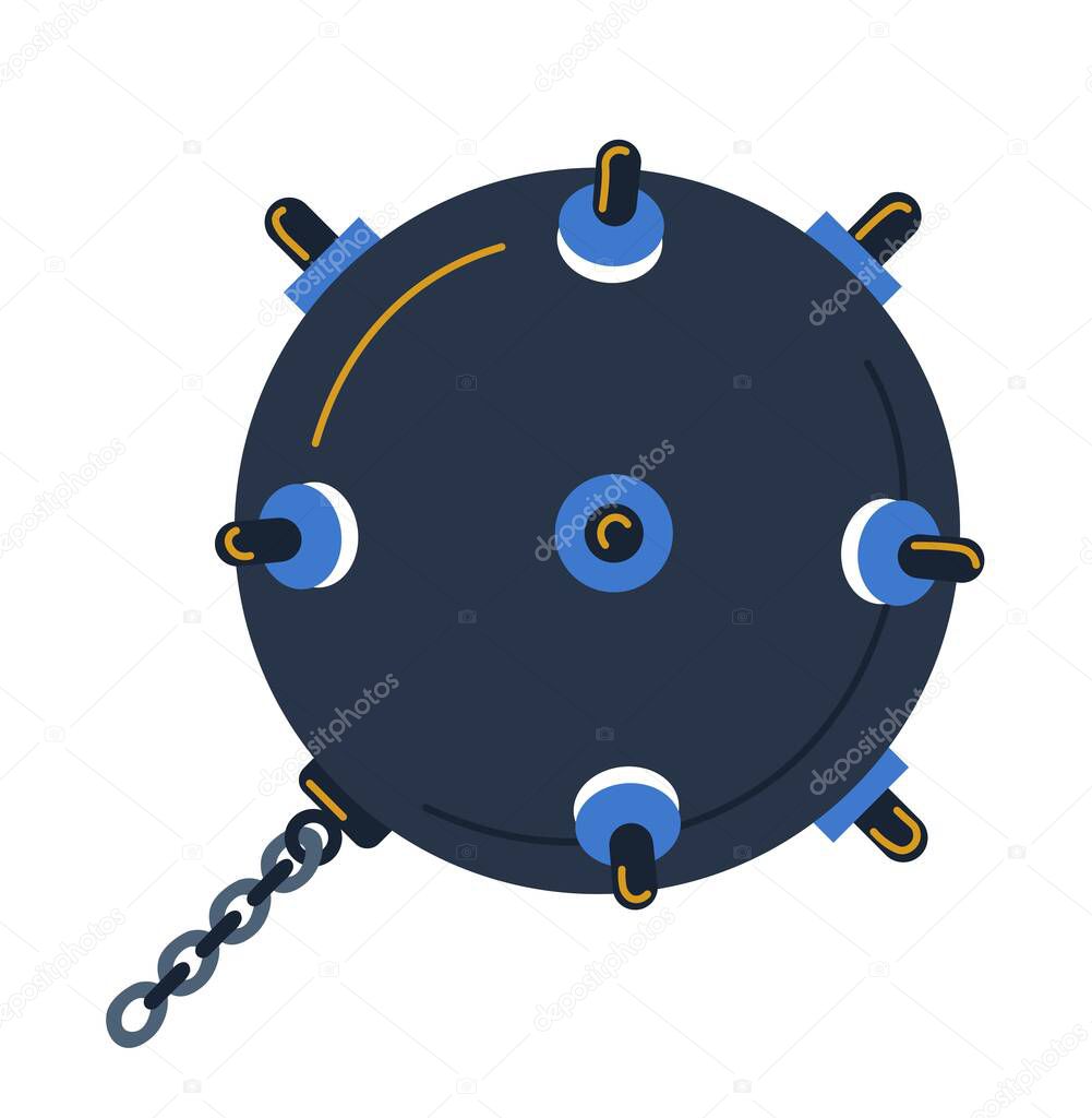 Small bomb thrown by hand or launched mechanically, grenade with shell and chain. Weaponry and arsenal, explosives and ammunition. Isolated icon of explosive weapon. Vector in flat style illustration