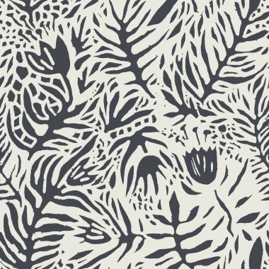 Dallar, yapraklar, çiçekler ve dekoratif botanik süsü. Tek renkli tasarım, arkaplan veya ambalaj motifi. Dal ve çalılar, çalılıklar desenler. Düz biçim illüstrasyonunda vektör