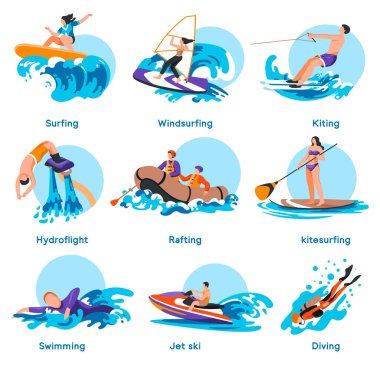 Ekstrem ve yazın spor, boş zaman ve su üzerinde hobiler. Sörf, rüzgar sörfü, Kiting ve hidro kaldırma, rafting ve uçurtma uçurma, yüzme ve dalış, jet ski. Düz biçimli vektör