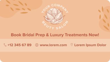 Lüks tedaviler, düğün hazırlıkları, spa salonundan ve güzellik merkezinden özel rezervasyon. Telefon numarası ve kartvizitte logoti olan iletişim bilgileri, düz biçimli vektör