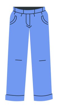 Erkekler ve kadınlar için temel pantolon giysileri. Düz formda kotlar, cepler ve kauçuk bel. Kullanmak için giysi ve giysi. Giysi, moda ve tasarım koleksiyonu. Düz biçimli vektör