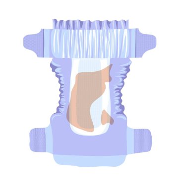 Kirli bebek bezi, içinde emici sıvı bulunan izole edilmiş tekstil. Çocukluk ve çocuklara bakmak için hijyen, sağlık ve sağlık ürünleri. Yumuşak ve solunabilir iç çamaşırı. Düz vektör