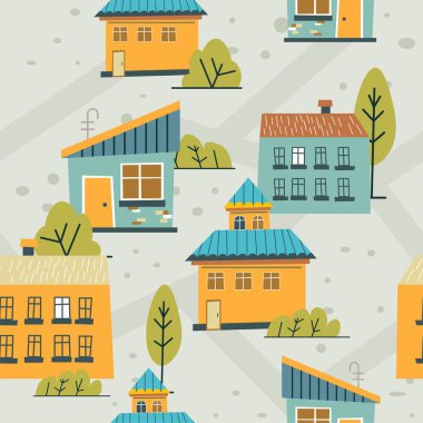 Yaşamak için taşralı binalar, bahçesinde ağaçlar ve çalılar olan ağaçlardan evler. İnşaat ve evler, şehir mimarisi. Arka plan ya da duvar kâğıdı izi, pürüzsüz desen. Düz biçimli vektör