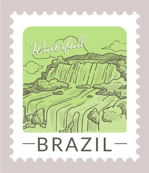 Postcard or postmark with Brazil landscapes, waterfalls and nature. Wilderness and wonders. Postal mark or card, mailing letter and correspondence. Monochrome sketch outline. Vector in flat style