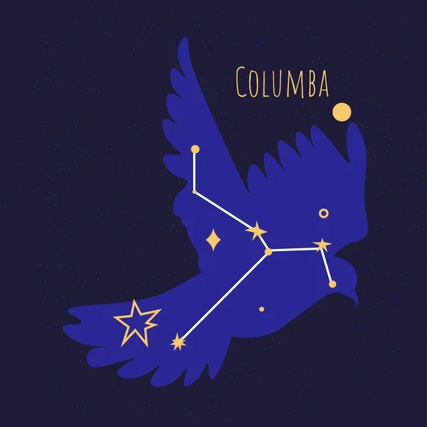 Stjärnbildning Fågel Constellation Columba Flygande Duva Gjord Stjärnklar Natthimmel Astronomi — Stock vektor