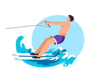 Su kayağı ya da uyanma. Özel ekipmanlı ve mayo giyen biri dalga, deniz macerası ve dinlenme üzerinde duruyor. Yaz etkinliği ve deniz kenarında aktif yaşam tarzı. Düz biçimli vektör