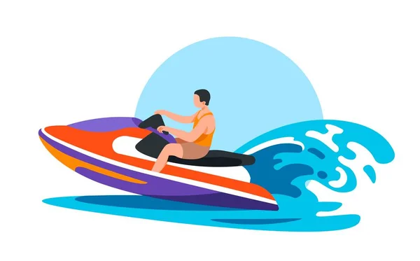 Water sports and leisure by beach. Jet skiing and using scooter or motor boat to travel and make adventures on sea or ocean. Summer activity and active lifestyle by seaside. Vector in flat style