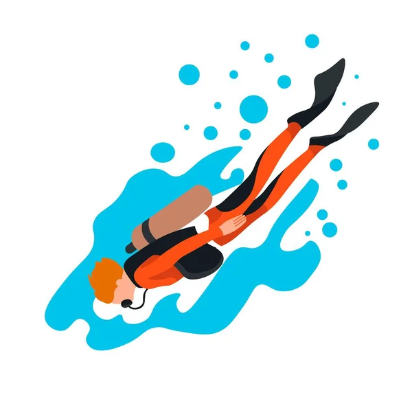 Snorkeling Scuba Diving Personage Wearing Swimming Suit Fins Tanks Oxygen — Stockvektor