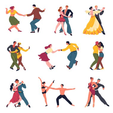 Dancers in costumes performing dance, isolated men and women dancing on stage for fun or competition. People having fun on party, lessons or practice of males and females. Vector in flat style