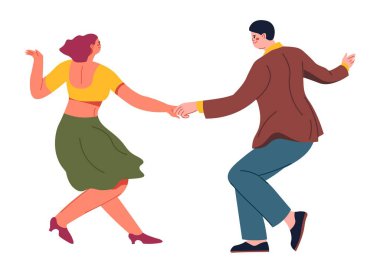 Man and woman dancing together, isolated pair of boyfriend and girlfriend practicing movements learning in class. Professional dancers or performers wearing formal costumes. Vector in flat style