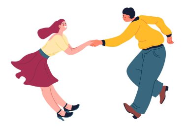 Sportive pair making performance on stage, isolated contest dancers wearing clothes dancing and making show. Professional partners moving and holding hands. Vector in flat style illustration