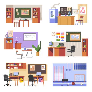 furniture and decor for home, compositions reflecting interior of working space, gym and classroom. School or university with laboratory and teachers office. Vector in flat style illustration