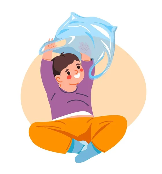 Dangerous Objects Kid Play Isolated Toddler Plastic Bag Trying Head — Vetor de Stock